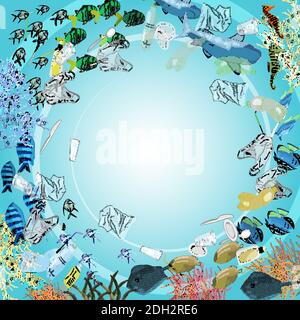 Environmental disaster of plastic debris in the ocean. Marine animals and garbage. The concept of ecology and world clean-up day. Stock Vector