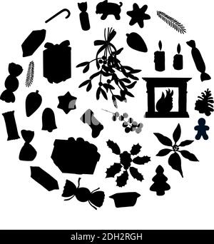 Christmas party silhouette elements set of traditional symbols. Vector hand drawn illustration. Stock Vector