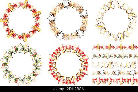 Vector festive template isolated on white background. Set of endless wreathes and garlands. Gingerbreads and New year and Christmas symbols. Stock Vector