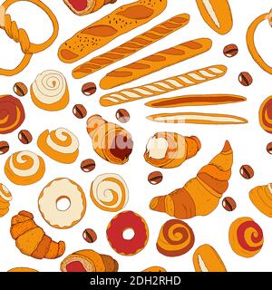 Vector seamless pattern with different kinds of bakery. Isolate objects on white background. Endless hand drawn texture. For your design Stock Vector