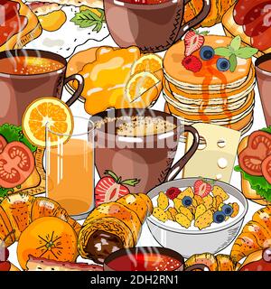 Vector seamless pattern with cups of coffee, tea, fried eggs and different food. Abstract Breakfast background. Endmless vector hand drawn texture for Stock Vector