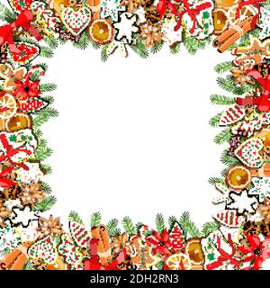 Vector festive template isolated on white background. Gingerbreads and New year and Christmas symbols. Holiday card for your design, announcements, po Stock Vector