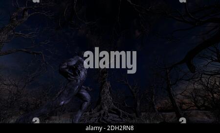 Illustration of a werewolf during the night in the creepy forest - 3d rendering Stock Photo