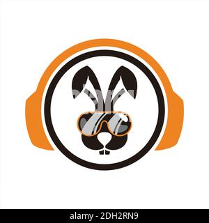 rabbit headphone listen music icon logo vector flat concept design Stock Vector