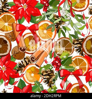 Vector seamless festive pattern with poinsettia, cinnamon stick, dried orange, cone, sugar cane, Holly, mistletoe, nuts. Traditional christmas symbols Stock Vector