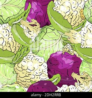 Vector seamless pattern with different kind of cabbage. Hand drawn endless texture for your design, announcements, postcards, posters, restaurant menu Stock Vector
