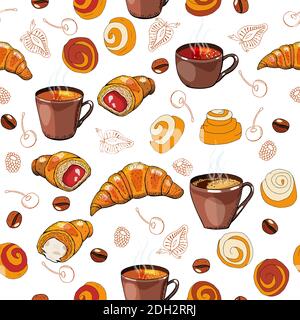 Seamless pattern. Coffee and tea cups, coffee beans, croissants and buns, contours of berries drawing on a white background. Drink and pastry. Stock Vector