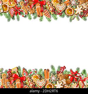 Vector festive template isolated on white background. Gingerbreads and New year and Christmas symbols. Holiday card for your design, announcements, po Stock Vector