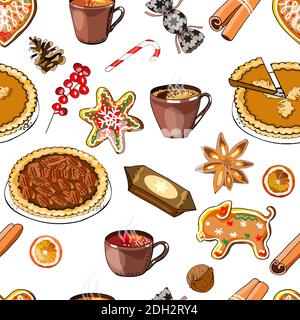 Seamless background with symbols of Christmas, cups of coffee and tea, symbols of Christmas. Vector hand drawn illustration. Stock Vector
