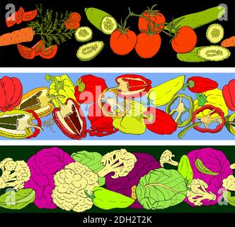 Set of seamless pattern brushes with different vegetables. Horizontal borders for your design, announcements, restaurant and cafe menu. Stock Vector