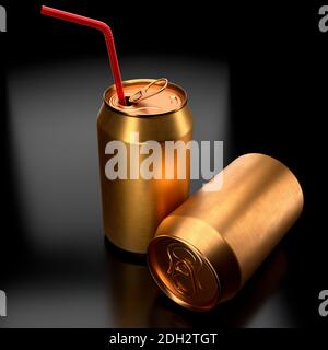 Gold frozen aluminum beer or soda cans with red straw isolated on