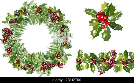 Vector round wreath with mistletoe, spruce branches, Holly isolated on white. Traditional Christmas symbols. For holiday decorations, announcements, c Stock Vector