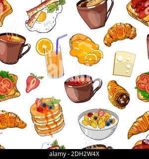 Vector seamless pattern with cups of coffee, tea, fried eggs and different food. Abstract Breakfast background. Endmless vector hand drawn texture for Stock Vector
