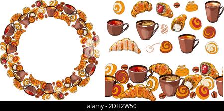 Set of hand drawn elements. Coffee and tea cups, coffee beans, croissants and buns, contours of berries drawing on a white background. Stock Vector