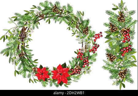 Vector festive wreath whith mistletoe, cone, branch, holly, poinsettia isolated on white background. Stock Vector