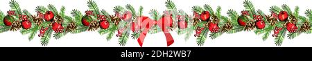Vector festive garland with holly, cones and apples isolated on white background. Hand drawing illustration. New year and Christmas symbols. Stock Vector