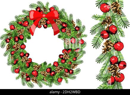 Vector festive wreath isolated on white background. Hand drawing illustration. New year and Christmas symbols. Holiday template for your design, annou Stock Vector