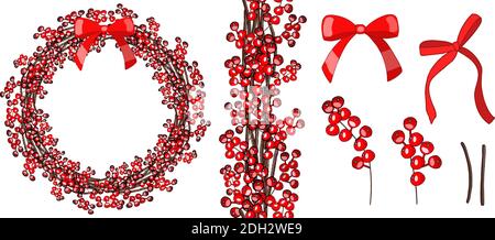 Hand drawn wreath with red berries. Vector hand drawn round frame for Christmas cards and winter design. Stock Vector