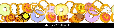 Donuts and pastry endless flat vector border. Funny sweet illustration. Stock Vector