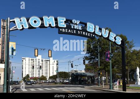 Memphis, TN, USA - September 24, 2019:  Sign for the famous Beale Street was declared The Home of the Blues by an act of Congress in 1977.  It attract Stock Photo