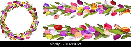 Stock vector floral set of seamless flower brush from tulips and beautiful wreath. Isolated and hand drawn illustration. Floral design, flower backdro Stock Vector