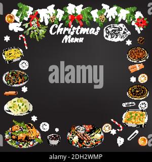 Hand drawing chalk restaurant festive menu template on chalkboard. Vector holiday background. Traditional Christmas symbols and dishes. Stock Vector
