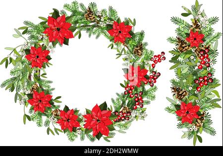 Vector festive wreath whith mistletoe, cone, branch, holly, poinsettia isolated on white background. Stock Vector