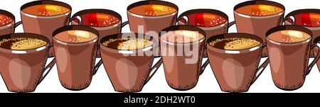 Set of endless border. Coffee and tea cups on a white background. Stock Vector