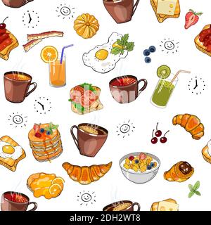 Hand drawn seamless pattern of croissants, berry and chocolate. Vector seamless horizontal pattern background. Croissant badge bakery for design menu Stock Vector