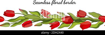 Stock floral seamless flower brush from cute tulips. Isolated and vector hand drawn illustration. Floral design, flower backdrop. Festive hand drawn p Stock Vector