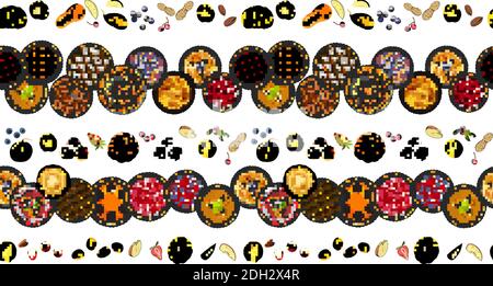Seamless pattern with pies, fruits, nuts, apples, pumpkins, berries. The theme of autumn, Pie Day, harvest and thanksgiving. For restaurant and cafe d Stock Vector