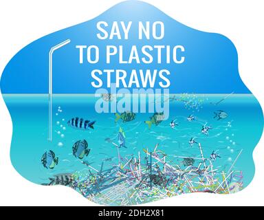 Environmental disaster of plastic debris in the ocean. The concept of ecology and World Cleanup Day. Stock Vector