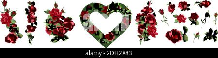 Vector hand drawn elements set of red roses, leaves, bud and an open flower. Set of floral branch. Flower red rose, green leaves. Wedding concept. Stock Vector