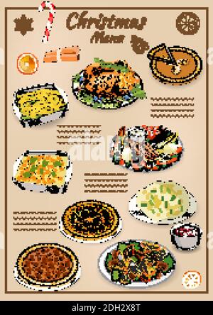 Vector hand drawn illustration of traditional Christmas dishes isolated on white background. Holiday food. Classic New Year eating. Main course and ga Stock Vector