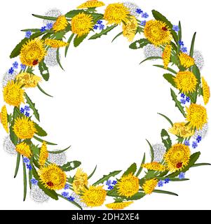 Floral spring wreath of dandelions and flowers isolated on white. Vector hand drawn template. Excellent print for greeting cards, clothes, fabric, gif Stock Vector