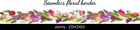 Flower seamless horizontal border isolated on white background. Endless pattern with tulips for design of invitations, cards, gift boxes. Stock Vector