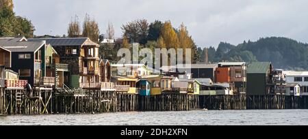 Palafitos de Castro on the island of Chiloé constructions of houses on wooden stilts over the sea Stock Photo