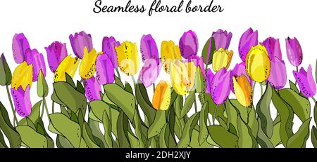 Stock floral seamless flower brush from colorful cute tulips. Isolated and vector hand drawn illustration. Floral design, flower backdrop. Festive han Stock Vector