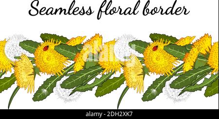 Seamless spring border with dandelions isolated on white. Vector hand drawn pattern. Excellent print for greeting cards, clothes, bed linens, fabric, Stock Vector