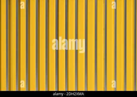Building with wall of yellow metal. Corrugated texture, galvanized steel surface. Illuminating and Ultimate Gray colors of the year 2021 Stock Photo