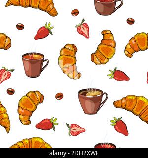 Hand drawn seamless pattern of croissants, berry and chocolate. Stock Vector