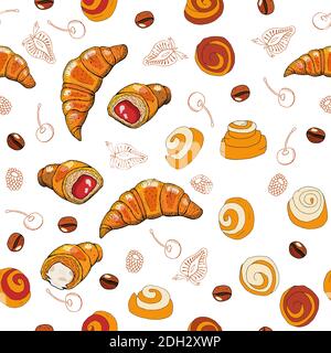 Hand drawn seamless pattern of croissants, berry and chocolate. Vector seamless horizontal pattern background. Stock Vector