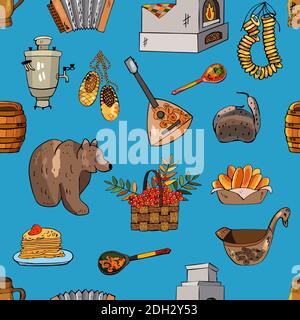 Russian seamless pattern. Background with traditional elements, vector illustration. Russia elements set. Vector hand drawn collection of Russian cult Stock Vector