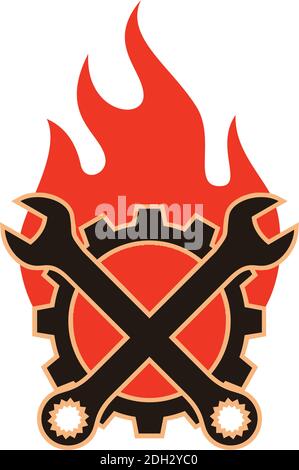 abstract fire gear and wrench mechanic service icon logo flat vector concept design Stock Vector