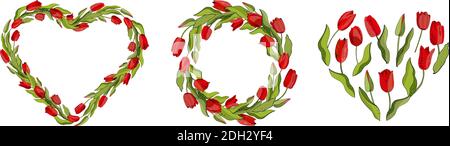 Stock vector floral set of flower wreath from tulips and beautiful heart. Isolated and hand drawn illustration. Floral design, flower backdrop. Festiv Stock Vector