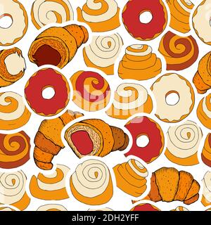 Hand drawn seamless pattern of croissants, berry and chocolate. Stock Vector