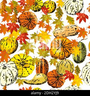 Autumn seamless pattern of autumn elements isolated on white background. Pumpkins, leaves, acorns, pumpkin pie. Stock Vector