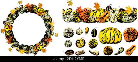 Autumn frame and seamless border isolated on white background. Pumpkins, leaves. Stock Vector