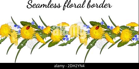 Seamless spring border with dandelions isolated on white. Vector hand drawn pattern. Excellent print for greeting cards, clothes, bed linens, fabric Stock Vector