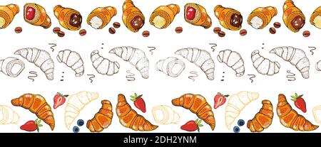 Hand drawn illustration of croissants, berry and chocolate. Vector seamless horizontal pattern background. Croissant badge bakery for design menu cafe Stock Vector